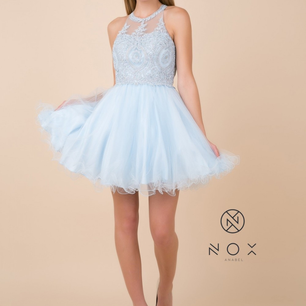 Ice Blue A-Line Shape Open Back Dress NXB652